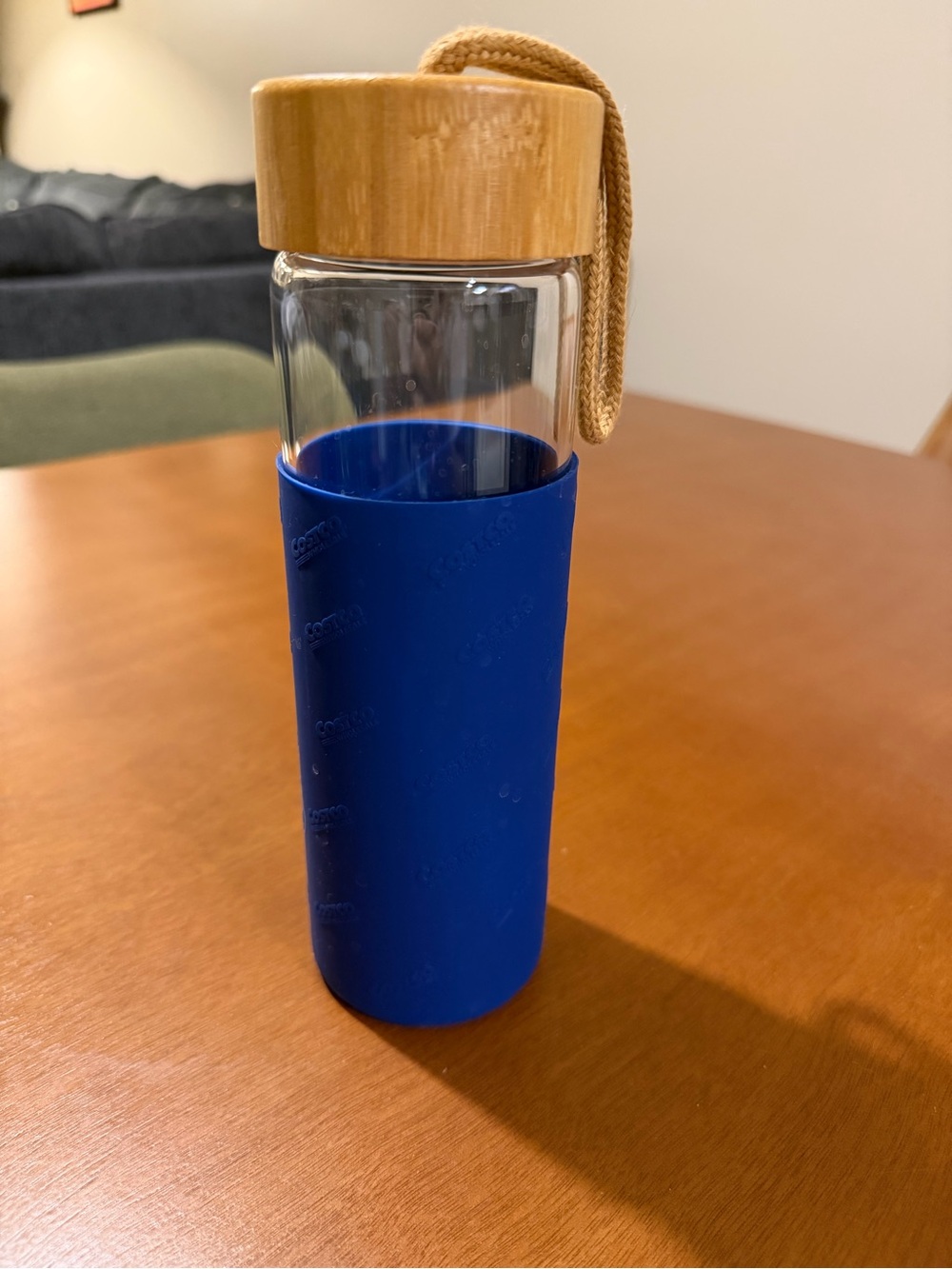 Glass Water Bottle with Bamboo Lid and Blue Sleeve
